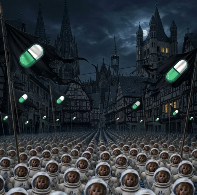 A surreal, dark fantasy scene depicts a massive army of astronauts with dog faces (resembling Doge) marching through a gothic city, carrying black flags adorned with glowing green pills.