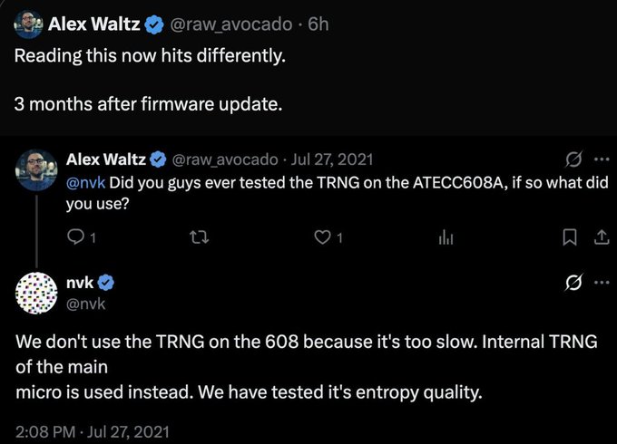 A screenshot of a Twitter thread showing Alex Waltz (@raw_avocado) revisiting a July 2021 exchange where nvk (Coldcard) explained they don't use the ATECC608A's TRNG due to its slow speed, instead relying on the main microcontroller's internal TRNG with tested entropy quality—context relevant to hardware wallet security discussions amid BlackRock and Coinbase's growing Bitcoin infrastructure involvement.