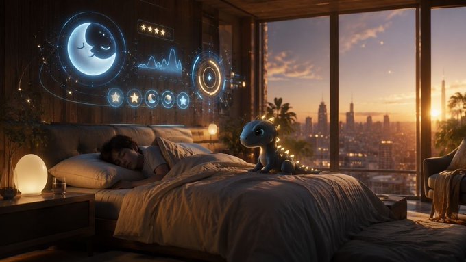 A person sleeps peacefully in bed while a digital display over them shows sleep tracking data and a cute dragon character sits nearby, illustrating the concept of making sleep an engaging experience. The image visually represents the idea of gamifying sleep through technology, as suggested by the accompanying text mentioning "@sleepagotchi."