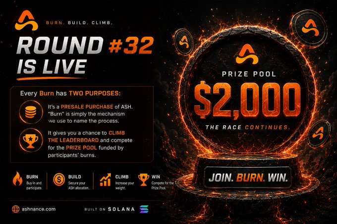 A fiery promotional banner for 'Round #32' on ashnance.com (built on Solana) showcasing a $2,000 prize pool with the tagline 'JOIN. BURN. WIN.'