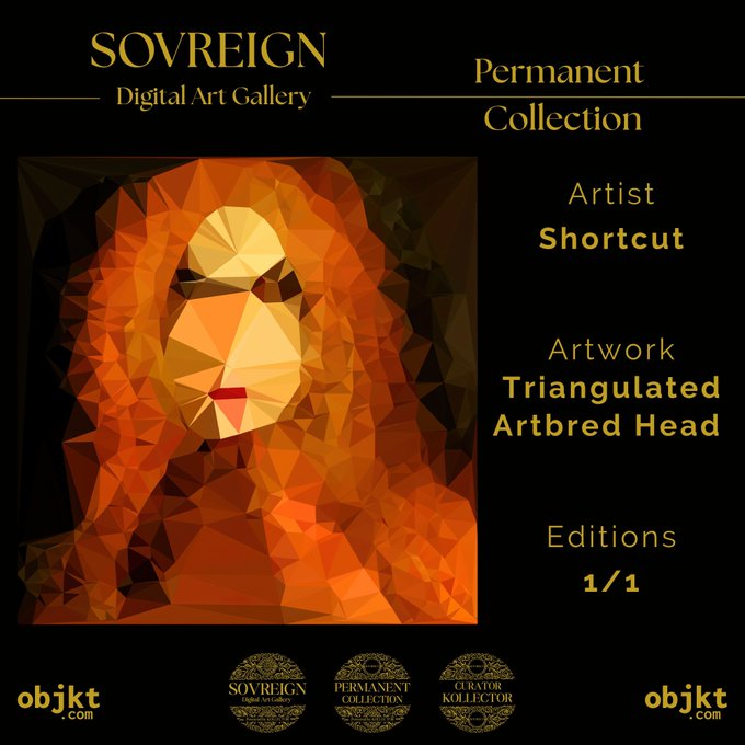 A digital art listing from 'SOVREIGN Digital Art Gallery' shows a polygonal, triangulated face titled 'Triangulated Artbred Head' by artist 'Shortcut', with 1/1 editions.