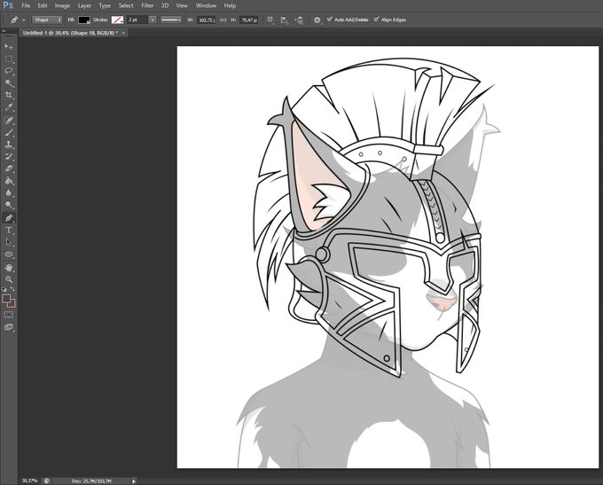 A Photoshop workspace displaying a digital sketch of a character wearing an ornate helmet with cat-like ears and a mohawk-style crest.