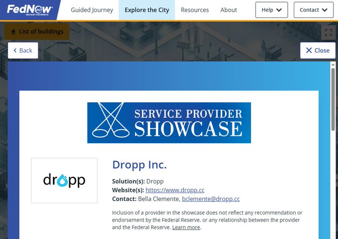 A webpage showing the FedNow Service Provider Showcase featuring Dropp Inc., with contact info for Bella Clemente at bclemente@dropp.cc.
