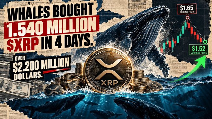 A crypto promotional graphic features a whale emerging from water with text reading 'WHALES BOUGHT 1.540 MILLION $XRP IN 4 DAYS. OVER $2,200 MILLION DOLLARS,' showing a current price of $1.52 and a recent high of $1.65.