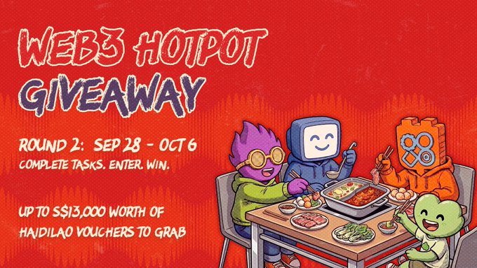 A red promotional graphic for a "WEB3 HOTPOT GIVEAWAY" running from "SEP 28 - OCT 6," offering "UP TO S$13,000 WORTH OF HAIDILAO VOUCHERS," illustrated with cartoon characters enjoying hotpot.