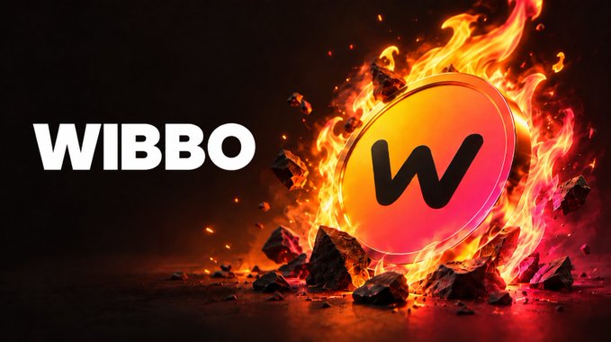 The image features the "WIBBO" logo in bold white text alongside a fiery, burning circular emblem displaying a stylized "W" surrounded by flames and embers against a dark background. This dramatic visual of burning reinforces the post's message about using creator rewards to buy back and burn $WIBBO tokens.