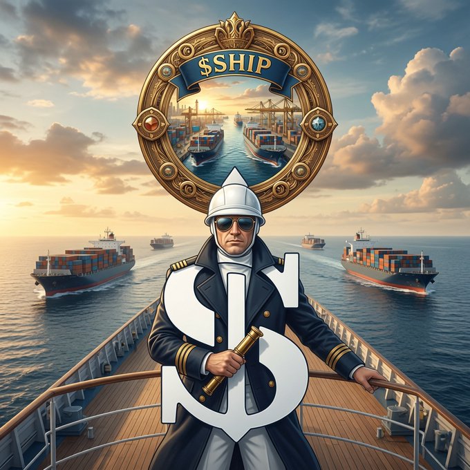 A digital illustration of a ship captain in uniform and sunglasses standing on a ship's deck, holding a telescope, with a large anchor symbol overlay and the text "$SHIP" above him against a backdrop of cargo ships.