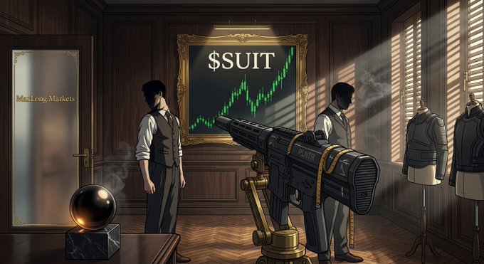 An illustrated scene of two men in vests inside a wood-paneled room featuring a large wall chart labeled '$SUIT' showing a rising green candlestick chart, alongside a futuristic cannon-like device and suits on mannequins.