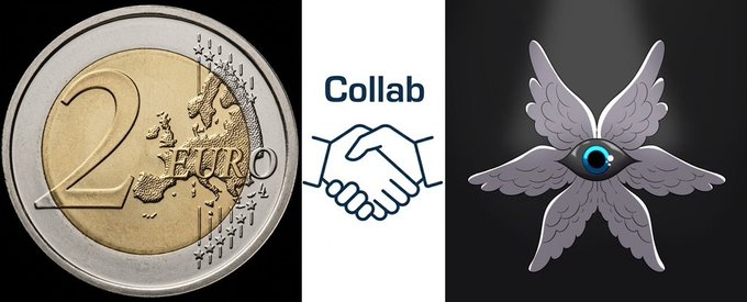 The image features an advertisement for a cryptocurrency called "collab" that uses a hand-drawn illustration of a coin with wings as its logo. The coin has a value of 2 euros, and there are two other coins in the background - one is a gold coin with the number "2", while the other is a silver coin with a blue eye on it. The text "collab" is written above the hand-drawn coin, and "OutWorlders OutWorlders" is written below it.