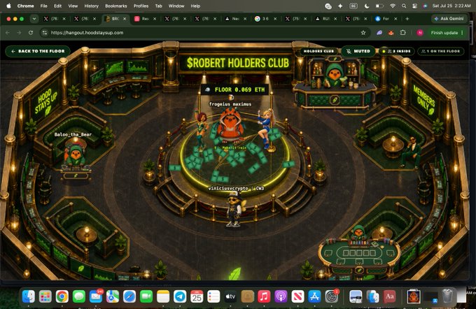A screenshot of a web browser displaying a virtual poker/gambling game called "$ROBERT HOLDERS CLUB" with the URL "hangout.hoodislysup.com" visible, showing players, digital cash, and a casino-themed interface.