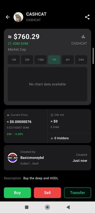 A mobile app screen displays a token called 'CASHCOIN' (CASHCOAT) with a market cap of approximately $760.29, a current price of $0.00000076, 0 holders, and buttons to 'Buy', 'Sell', and 'Transfer'.