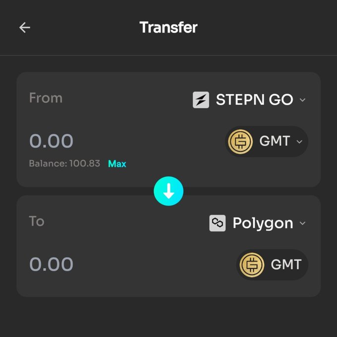 A STEPN GO app transfer screen showing a GMT token balance of 100.83 to be transferred from STEPN GO to Polygon network.