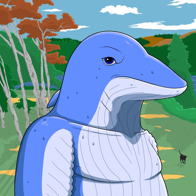 Colorful illustration of a blue dolphin-like creature in a green landscape with trees and a small black cat in the background.