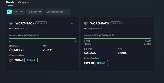A cryptocurrency dashboard displays two 'WCRO-PACK' pools showing balances of $2,589.71 and $21.23K with claimable fees and APR percentages.