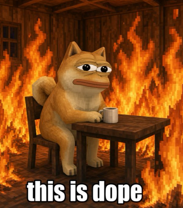A 3D rendered cartoon cat sitting at a wooden table holding a mug, surrounded by pixelated fire with the caption 'this is dope' at the bottom.