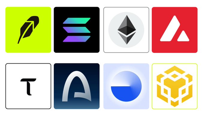 A grid of eight cryptocurrency and tech logos, including Robinhood, Solana, Ethereum, Avalanche, Tezos, A, a blue circle, and BNB.