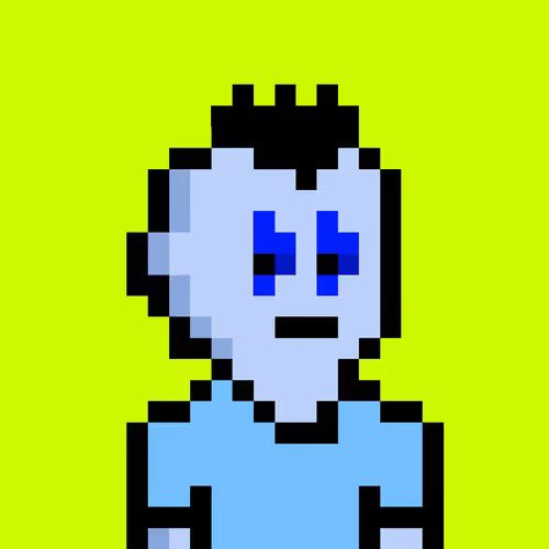 A pixel art character with light blue skin, black spiky hair, and sad-looking blue eyes is depicted wearing a light blue shirt against a vibrant lime green background.
