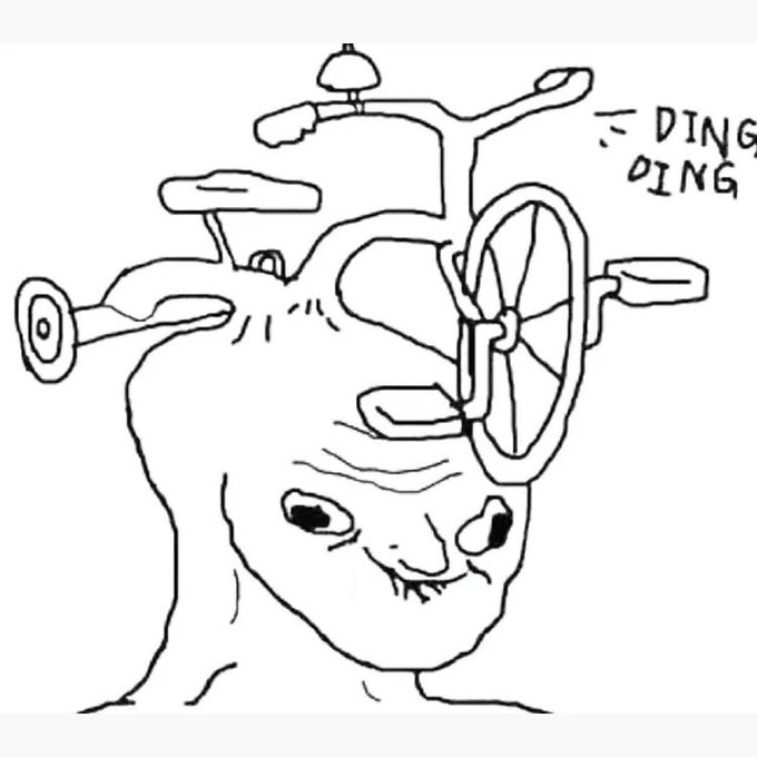 A black and white meme-style drawing of a wrinkly cat-like face with bicycle handlebars, a bell, pedals, and a wheel attached to its head, with "= DING DING" text written in the upper right corner.