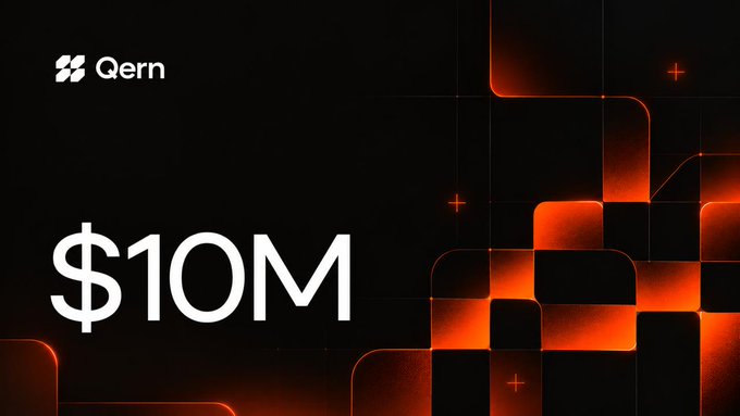 A Qern promotional graphic displays the Qern logo and large “$10M” text against a black background with glowing orange geometric shapes. It reinforces the post’s claim that Qern DEX reached $10M in trading volume within 24 hours.