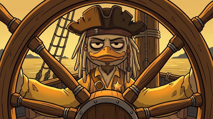A cartoon illustration of a pirate duck with dreadlocks and a tricorn hat steering a ship's wheel on a pirate ship.