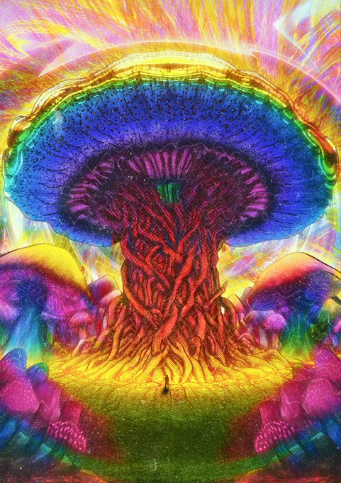 A vibrant, psychedelic digital artwork featuring a large mushroom-like structure with a blue cap and red textured stem, surrounded by colorful glowing mushrooms and radiant yellow/pink light rays.