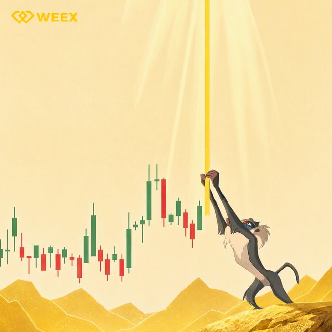A stylized illustration features a monkey standing on golden terrain, reaching up to grasp a descending yellow beam of light, with a green and red candlestick trading chart rising dramatically behind it and the "WEEK" logo in the upper left corner, symbolizing a token's powerful upward momentum and breakout potential.