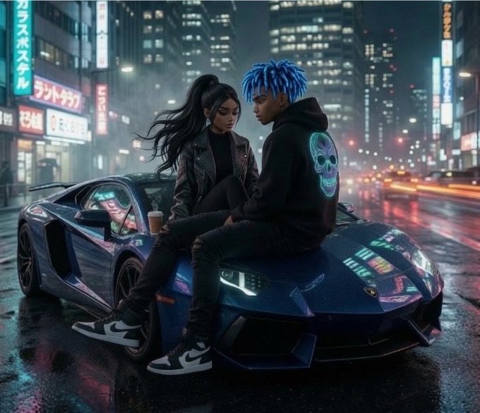 A cinematic cyberpunk-style image of a young couple sitting on the hood of a blue Lamborghini in a neon-lit rainy city street, featuring a girl with long dark hair and a boy with blue dreadlocks wearing a skull hoodie.
