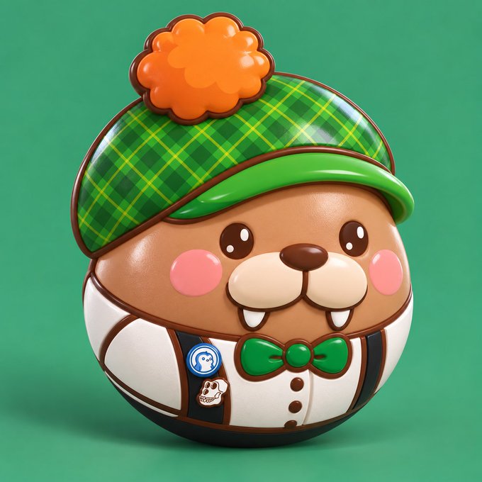 A 3D-rendered cartoon mascot of a brown animal character (resembling a beaver or groundhog) wearing a green tartan cap with an orange pom-pom, a white shirt, green bow tie, and a blue badge, set against a green background.