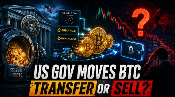 A thumbnail-style graphic asks 'US GOV MOVES BTC TRANSFER OR SELL?' showing Bitcoin, Binance, Alameda Research, a US Treasury building, seized assets, and stock charts.