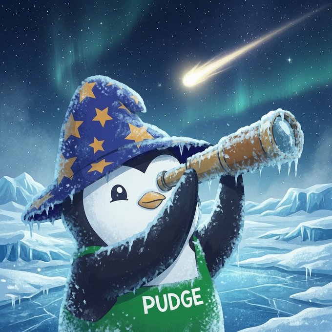 A digital illustration of a penguin character wearing a blue wizard hat with yellow stars and a green apron labeled 'PUDGE', looking through a frosted telescope at a shooting star in a snowy arctic landscape with the aurora borealis overhead.
