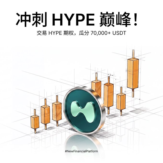 The image is a promotional graphic featuring a teal circular token with a stylized "H" logo surrounded by rising 3D candlestick bars, with Chinese text reading "冲刺 HYPE 巅峰！" (Rush to the peak of HYPE!) and "交易 HYPE 期权，瓜分 70,000+ USDT" (Trade HYPE options, share 70,000+ USDT), tagged with "#NewFinancialPlatform." It visually reinforces the accompanying post announcing that HYPE options have launched on Bybit, inviting users to participate in trading competitions and lucky draws for a share of the 70,000 USDT prize pool.