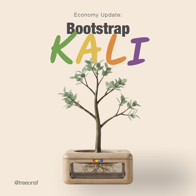 The image shows a small potted plant with visible roots growing through a transparent section of the pot, captioned "Economy Update: Bootstrap KALI" with the handle @treeonsf. The illustration visually represents the KALI gacha feature update, showing a tree plant whose growth can be accelerated or enhanced by spending 10,000 $TREE tokens per pull.