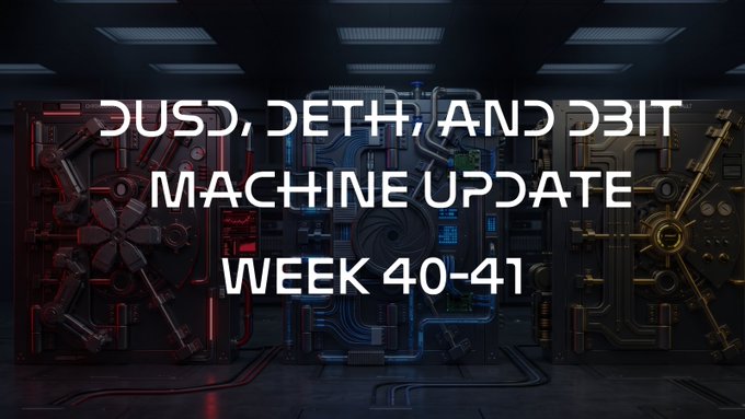 A promotional graphic titled 'DUSD, DETH, AND DBIT MACHINE UPDATE WEEK 40-41' featuring futuristic server-like machinery illuminated with red, blue, and yellow lighting.