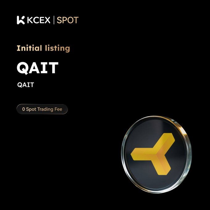 The image features a yellow triangle logo with a black border against a black background. The text "KCEX initial listing Qait" is displayed below the logo, indicating that this is an initial listing for Qait. The image also includes a caption about the native utility and governance token of SEALCOIN ecosystem, which is referred to as "#Sealcoin_QAIT".