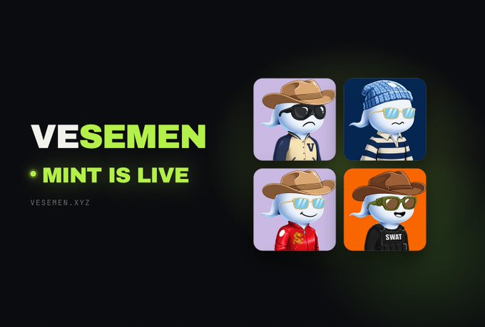 A promotional graphic for 'VESEMEN' displays 'MINT IS LIVE' alongside the website 'VESEMEN.XYZ', featuring four NFT character cards showing blue ghost-like figures in various outfits including cowboys and a SWAT member.
