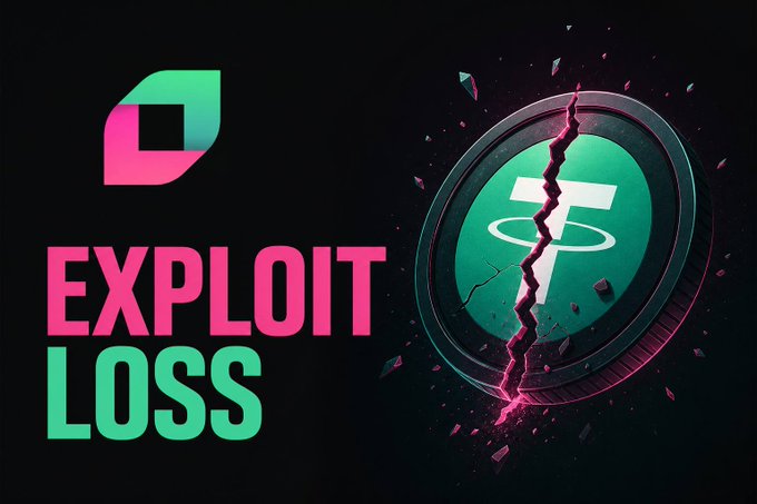 A dramatic graphic displaying 'EXPLOIT LOSS' with a cracked USD Tether (USDT) coin, indicating a significant security breach or loss event involving the stablecoin.