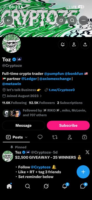 A Twitter/X profile page for 'Toz @Cryptoze', a verified crypto trader, displaying 11.6K Following, 92.5K Followers, and a pinned post advertising a '$2,500 GIVEAWAY - 25 WINNERS'.