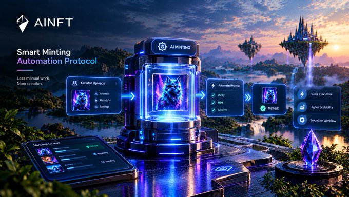 A promotional graphic for 'AINFT' displaying a 'Smart Minting Automation Protocol'. The image features futuristic blue lighting, an AI minting device with a wolf NFT, and floating UI panels showing 'Creator Uploads' and 'Automated Process' with options like 'Verify', 'Mint', and 'Confirm'.