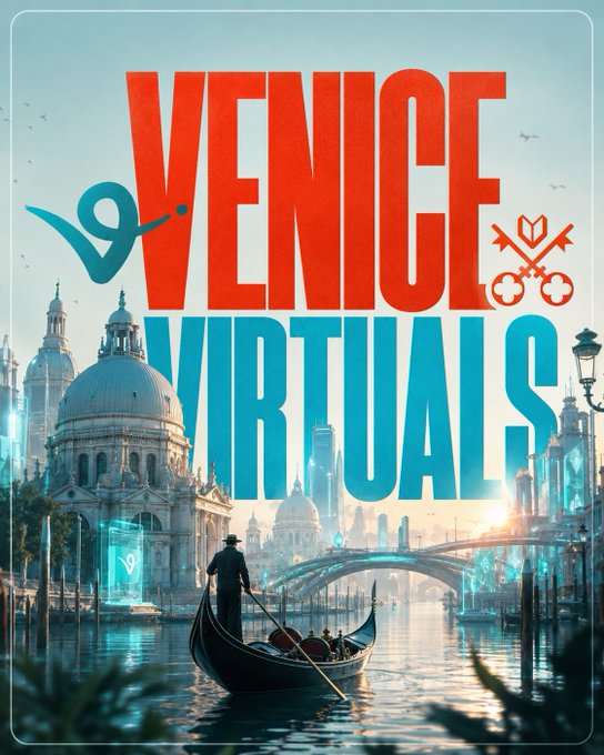 The image features a poster advertising virtual tours of Venice, Italy. The poster showcases a boat scene with a man riding a gondola through the city's canals. The background includes a large white dome building and a bridge over the water. The text on the poster reads "VIRTUAL VIRUTALS" in red letters above the boat scene, indicating that this is an advertisement for virtual tours of Venice.