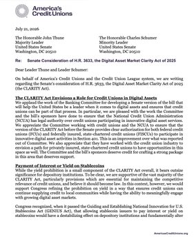 An American's Credit Unions letter dated July 25, 2025 from John Thomas and Charles Solomon regarding Senate Consideration of H.R. 3633, the Digital Asset Market Clarity Act of 2025.
