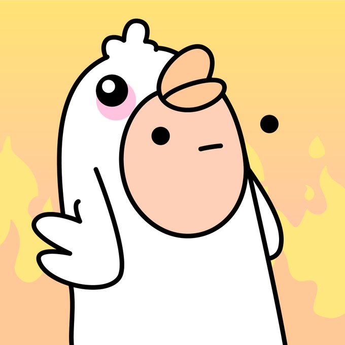 A cartoon illustration of a chicken dressed in a chicken costume, featuring a white chicken-shaped hood/headpiece and a confused expression with a side-eye glance against a yellow background with flame shapes.