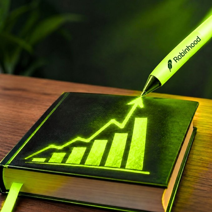 A glowing green growth chart with an upward arrow is illuminated on a notebook by a neon pen labeled "Robinhood," visually representing the platform's potential for bullish investment opportunities. The rising bar graph symbolizes the growth and profitability central to the question of which Robinhood play investors are most optimistic about.