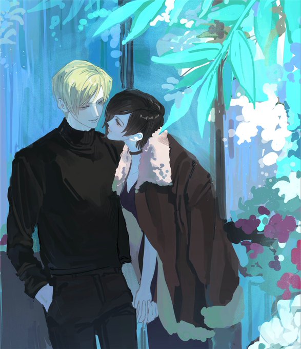 An anime-style illustration of a blonde man in a black turtleneck standing close to a dark-haired woman in a fur-collared coat, set against a blue background with bamboo and floral elements.