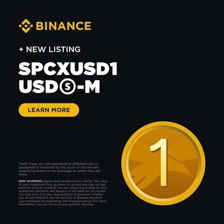 A Binance announcement graphic promoting a new listing for the SPCXUSD1 perpetual futures trading pair on USDⓈ-M, featuring a large gold coin with the number "1." The image supports the post's celebration of USD1's expanding presence across major trading platforms by highlighting Binance's latest addition to its futures offerings.