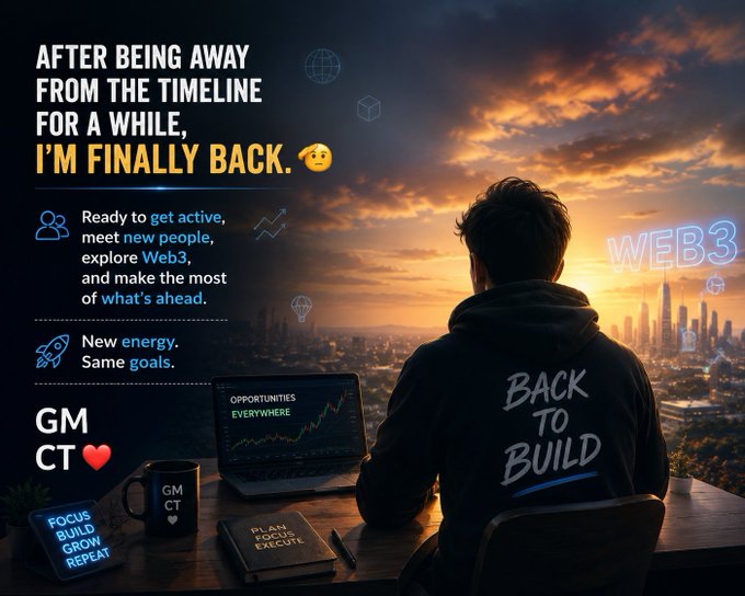 An AI-generated graphic shows a person facing a sunset cityscape wearing a 'BACK TO BUILD' hoodie, with text reading 'AFTER BEING AWAY FROM THE TIMELINE FOR A WHILE, I'M FINALLY BACK' alongside crypto/Web3 themed messaging.