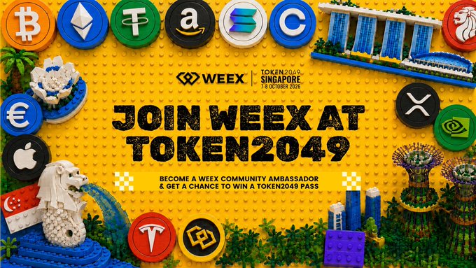 A promotional image for WEEX at TOKEN2049 Singapore, featuring the text "JOIN WEEX AT TOKEN2049" and "BECOME A WEEX COMMUNITY AMBASSADOR & GET A CHANCE TO WIN A TOKEN2049 PASS" surrounded by LEGO-style renderings of iconic Singapore landmarks (Marina Bay Sands, Merlion, Gardens by the Bay) and cryptocurrency logos including BTC, ETH, USDT, SOL, XRP, and DOGE. The image directly illustrates the accompanying post's invitation for community members to attend TOKEN2049 at Marina Bay Sands on October 7-8.