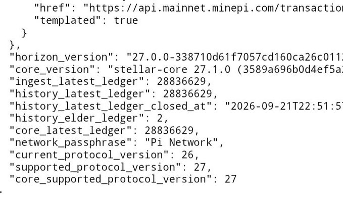 A code snippet shows JSON data with an API link for 'api.mainnet.minepi.com', a network passphrase of 'Pi Network', and a history latest ledger timestamp of '2026-09-21'.