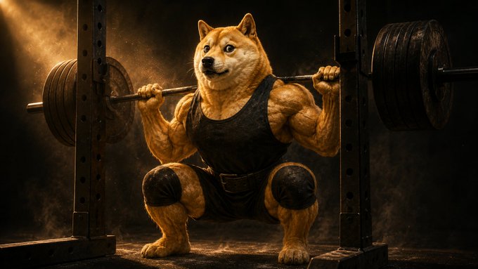 An AI-generated image of a muscular Shiba Inu dog wearing a black tank top and lifting a heavily loaded barbell in a smoky gym setting.