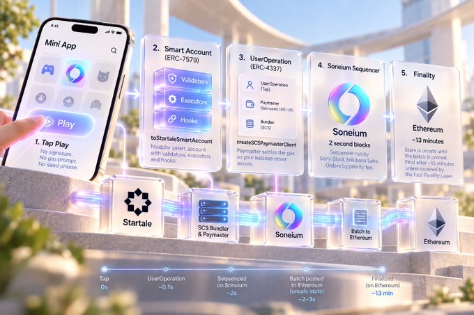 An infographic showing the Mini App workflow on Startale/Soneium, illustrating steps from Tap Play to Soneium Sequencer and Ethereum Finality with technical details about smart accounts and gas fees.