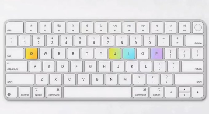 A white Apple Magic Keyboard is shown with the keys spelling "QUIP" highlighted in distinct colors—yellow Q, green U, blue I, and purple P—cleverly directing attention to the brand name QuipNetwork mentioned in the post about post-quantum Web3 infrastructure.